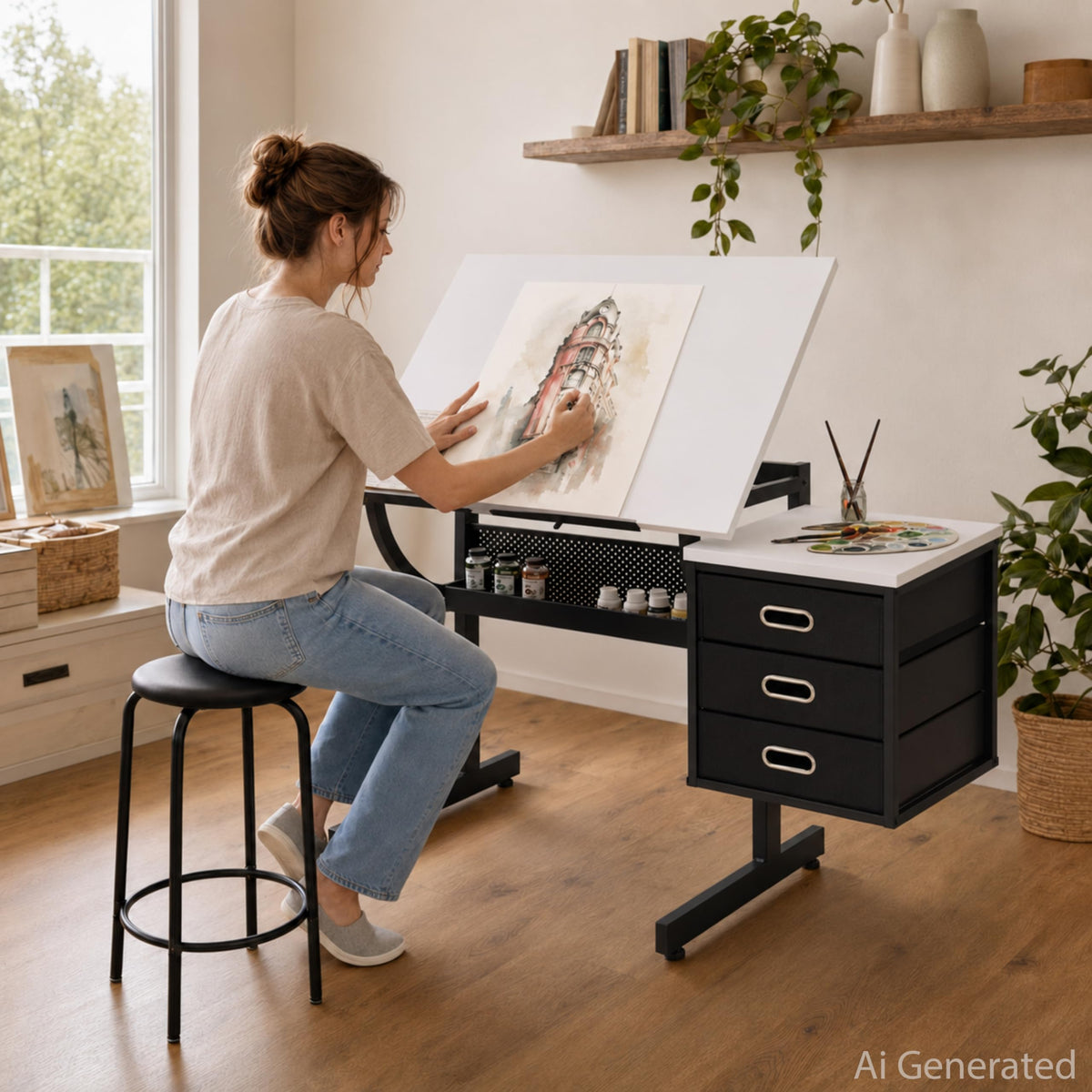 Artist Desks, Drafting Table with Stool & 3 Storage Drawersï¼Black