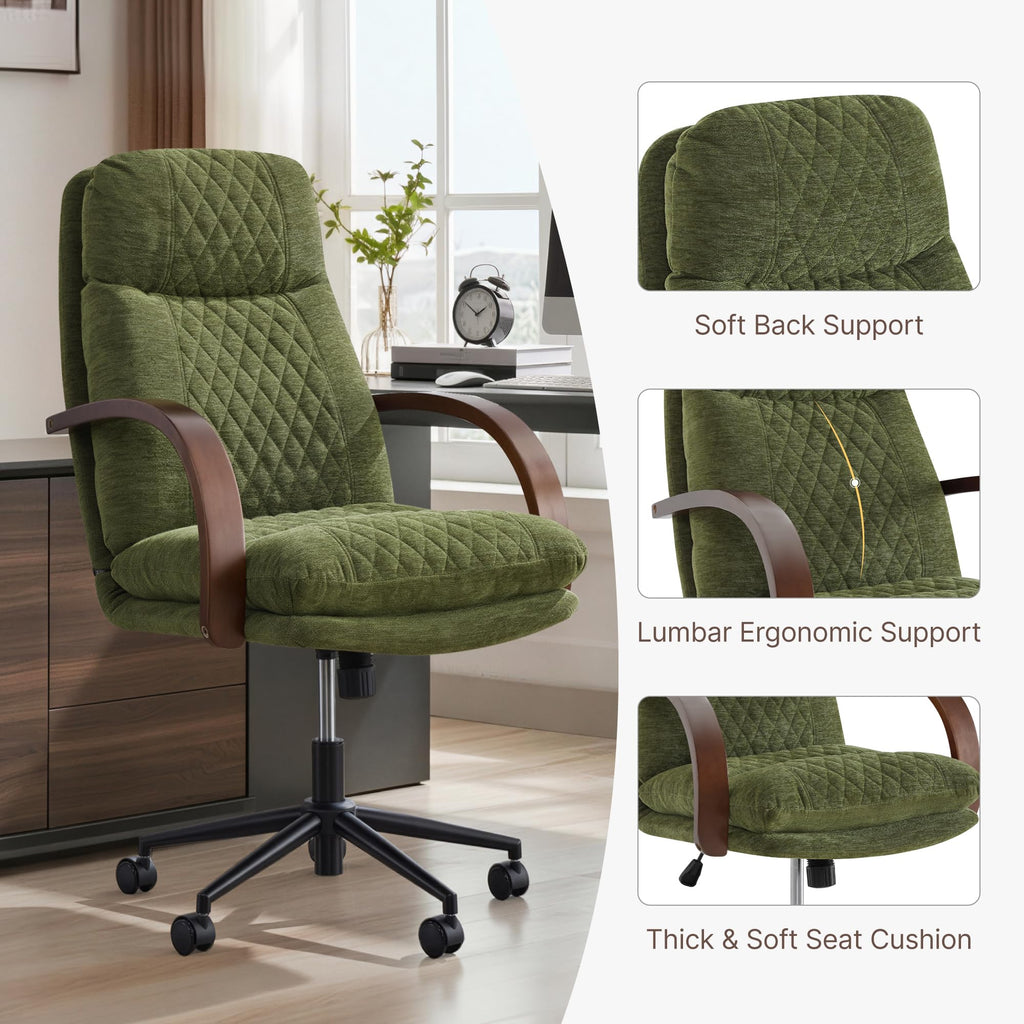 KISLOT Home Office Desk Chair, Ergonomic Office Chair with Lumbar Support, Adjustable Swivel Computer Chair with Wheels, Faux Leather Executive Task Chair with Wood Arms, Set of 2, Brown