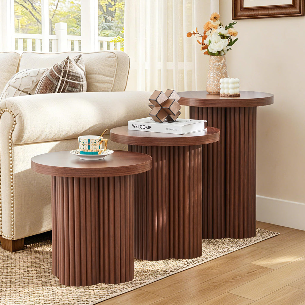 Round Nesting Coffee Table Set of 3 Fluted Coffee Table (Natural)
