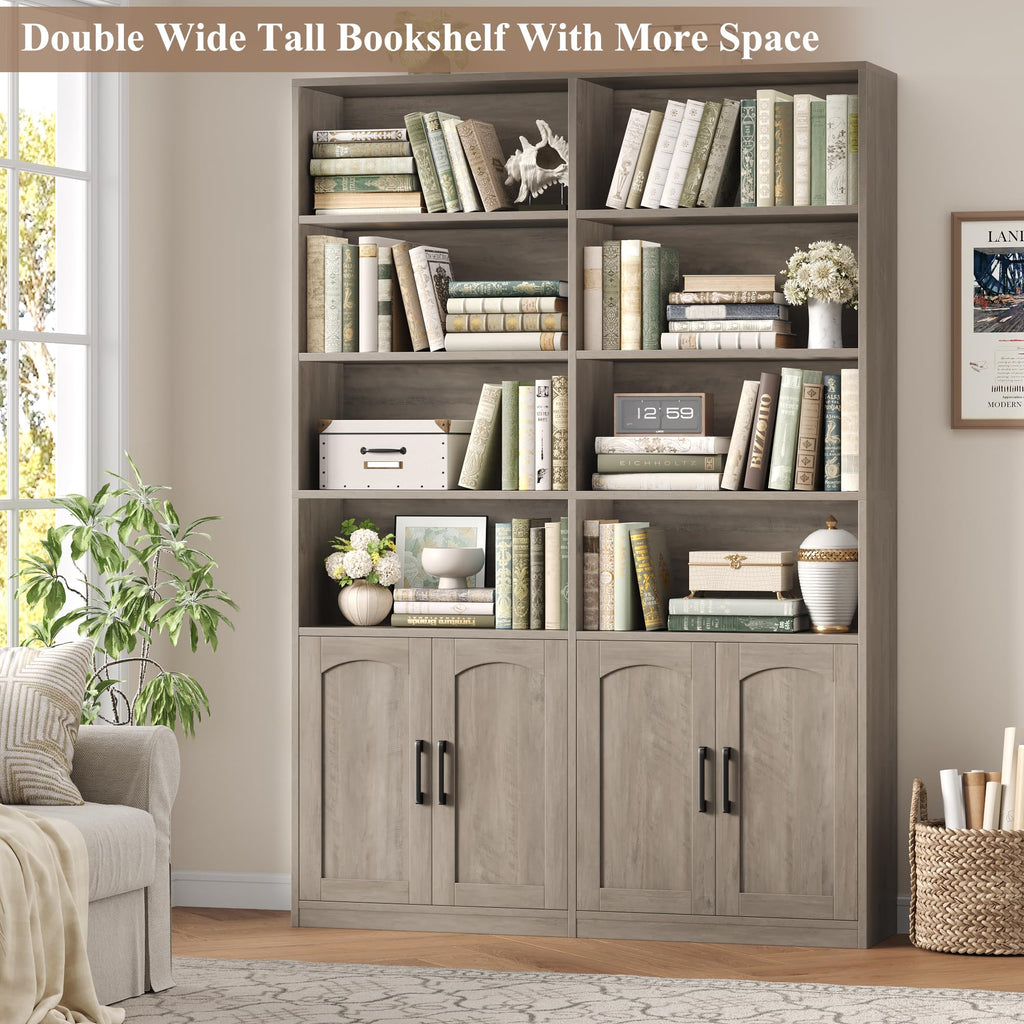 FACBOTALL Bookshelf and Bookcase with Doors, Double Wide Large Bookshelves