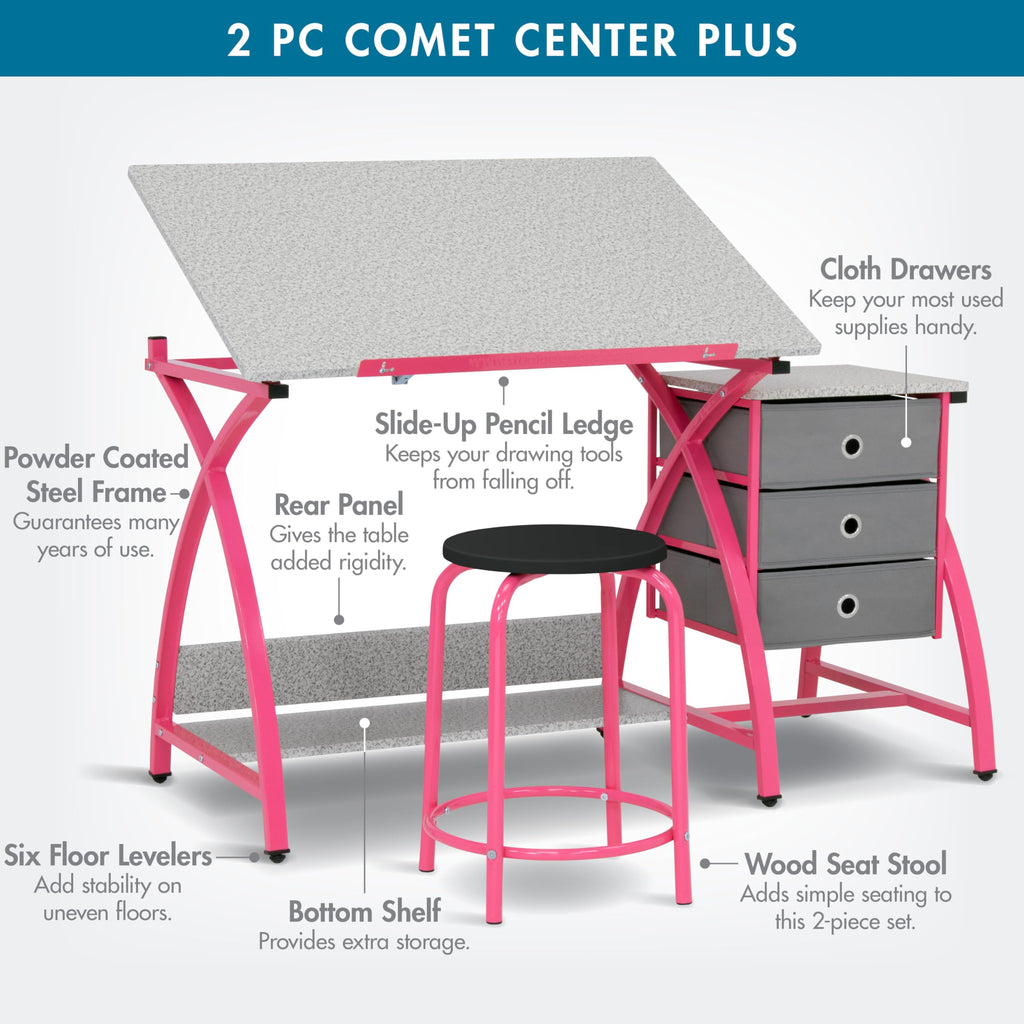 SD Studio Designs 2 Piece Comet Center Plus, Craft Table and Matching Stool Set with Storage and Adjustable Top, Silver/Black