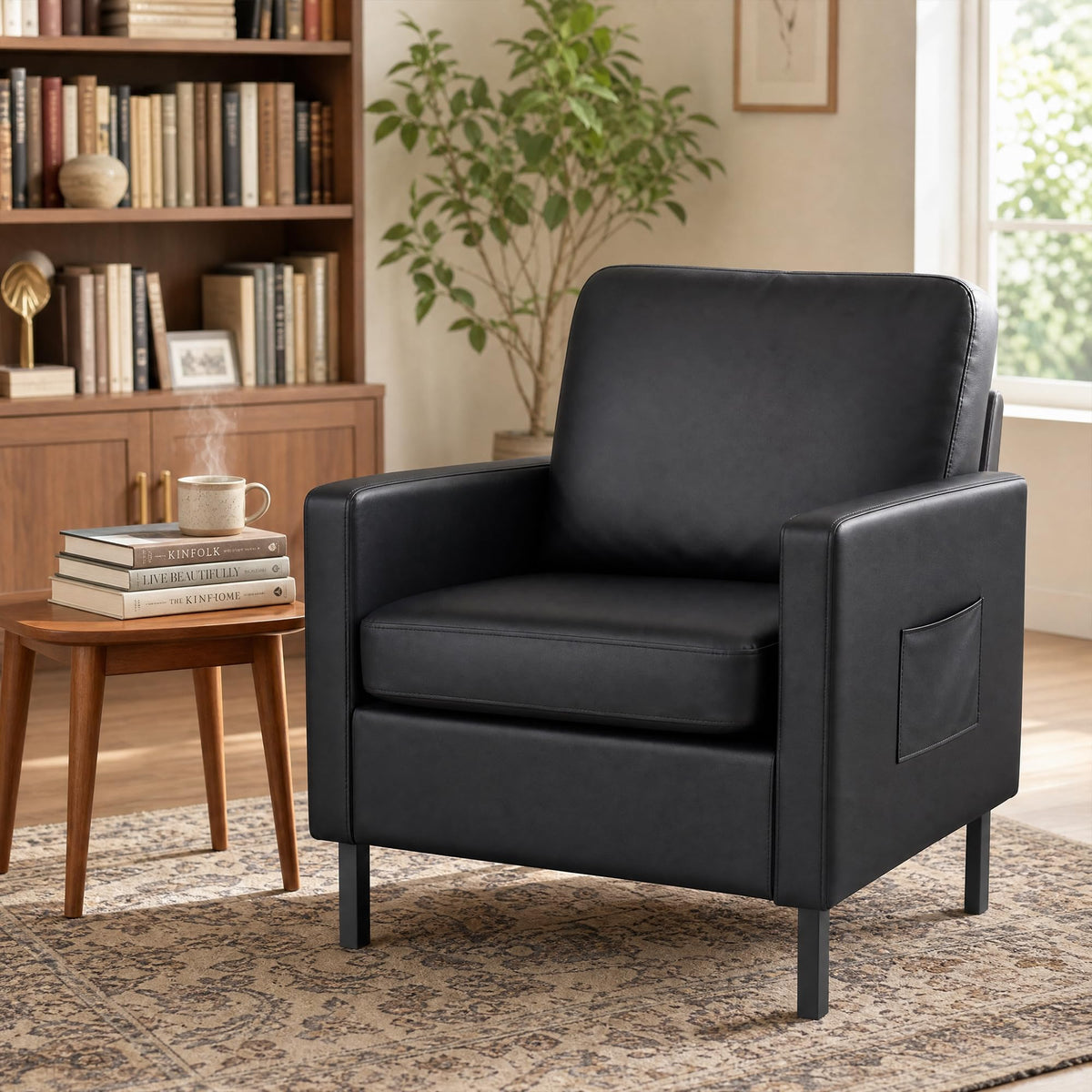 Mid Century Black Leather Mordern Accent Chairs Set of 2 for Living Room