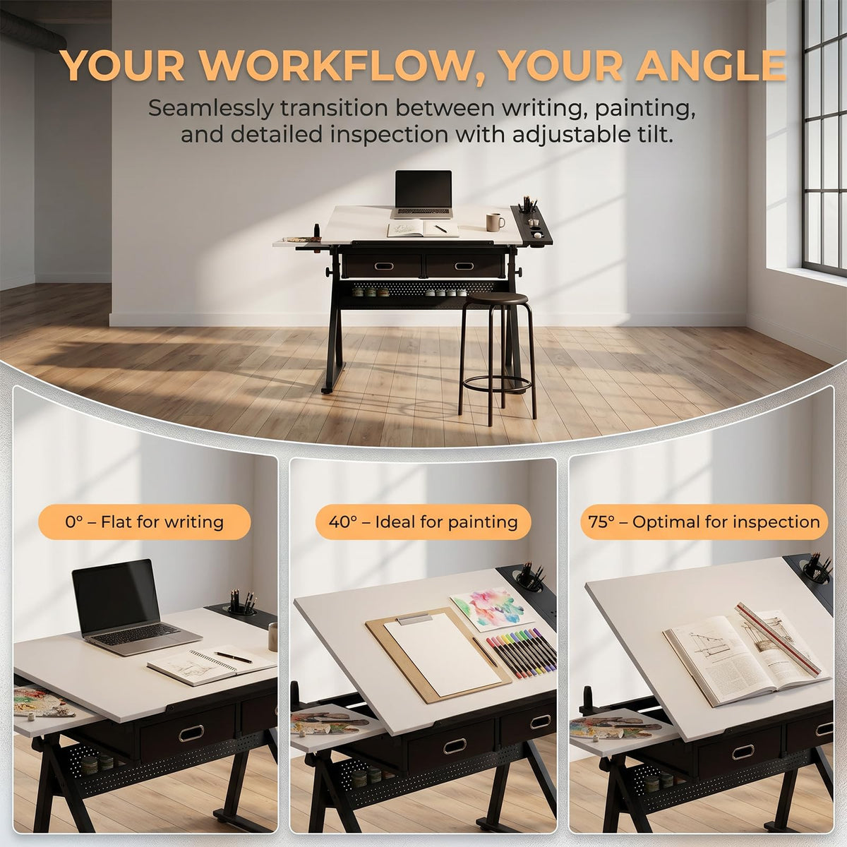 Height Adjustable Drafting Table Drawing Table Artist Desk Tilting Tabletop Art Craft Desk with 2 Storage Drawers and Stool, Art Craft Desk for Artist Painters Drawing Painting (All White)