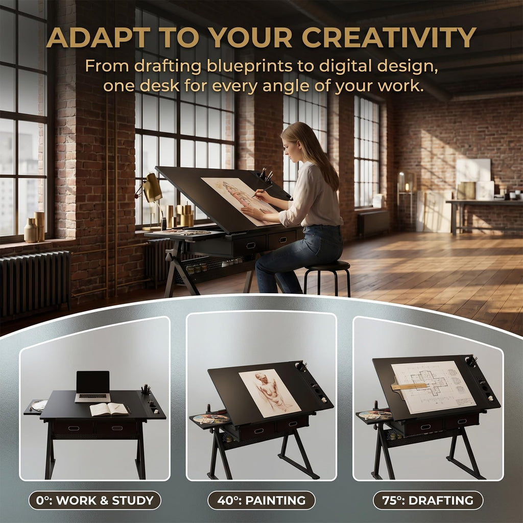 Height Adjustable Drafting Table w/Stool, Painting Table Art Craft Desk Crafting Drawing Desk with Tilting Tabletop, 2 Storage Drawers for Artist Painters (Rustic Brown)