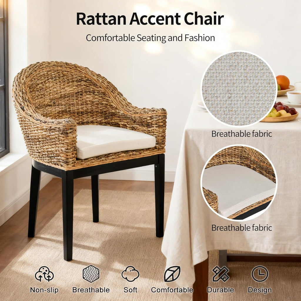 DUHOME 2 Sets Wood Rattan Arm Accent Chairs Natural Wash/White Cushion