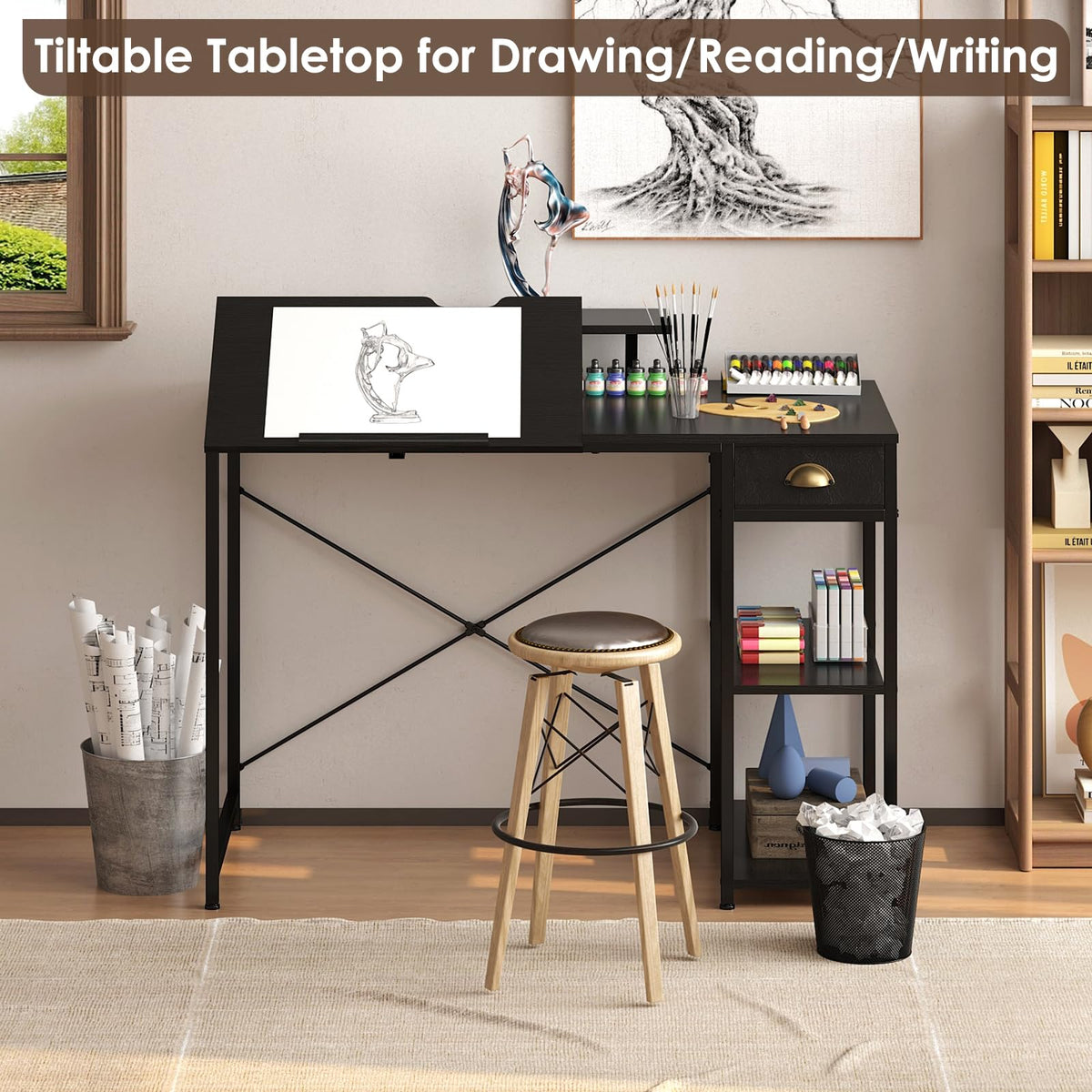 X-cosrack Adjustable Drafting Table with Storage Drawer & Monitor Stand