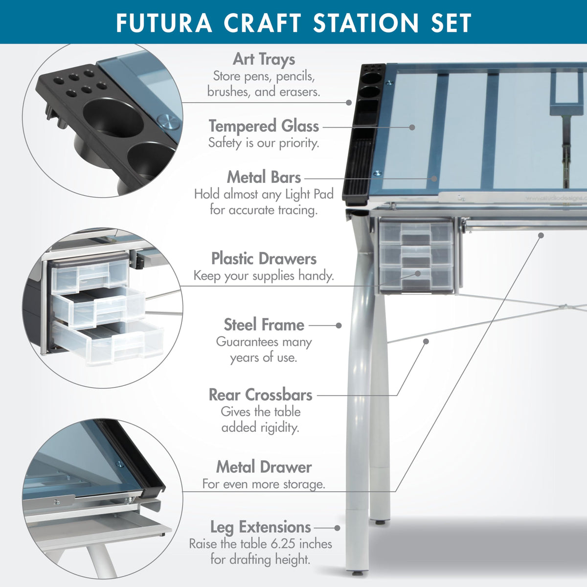 SD Studio Designs 10096 Futura Station with Folding Shelf Top Adjustable Drafting Craft Drawing Hobby Table Writing Studio Desk with Drawer, 35.5'' W x 23.75'' D, White/Clear Glass