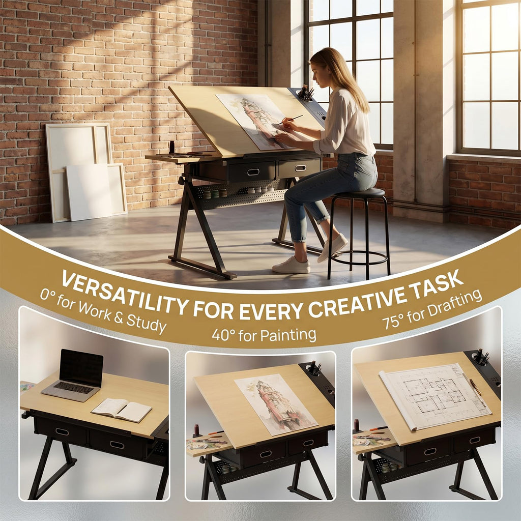 Height Adjustable Drafting Table w/Stool, Painting Table Art Craft Desk Crafting Drawing Desk with Tilting Tabletop, 2 Storage Drawers for Artist Painters (Rustic Brown)