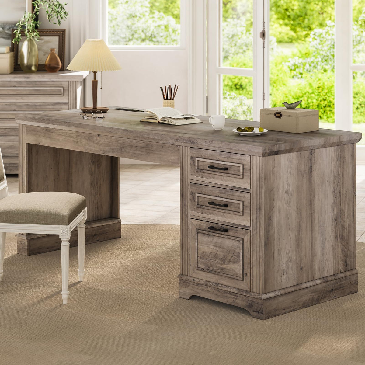 Itaar Farmhouse L Shaped Desk, Executive Computer Desk with Drawers and Storage Cabinet, Home Office Desk with File Drawer and Power Outlet, Corner Desk, Workstation for Office Home, Grey