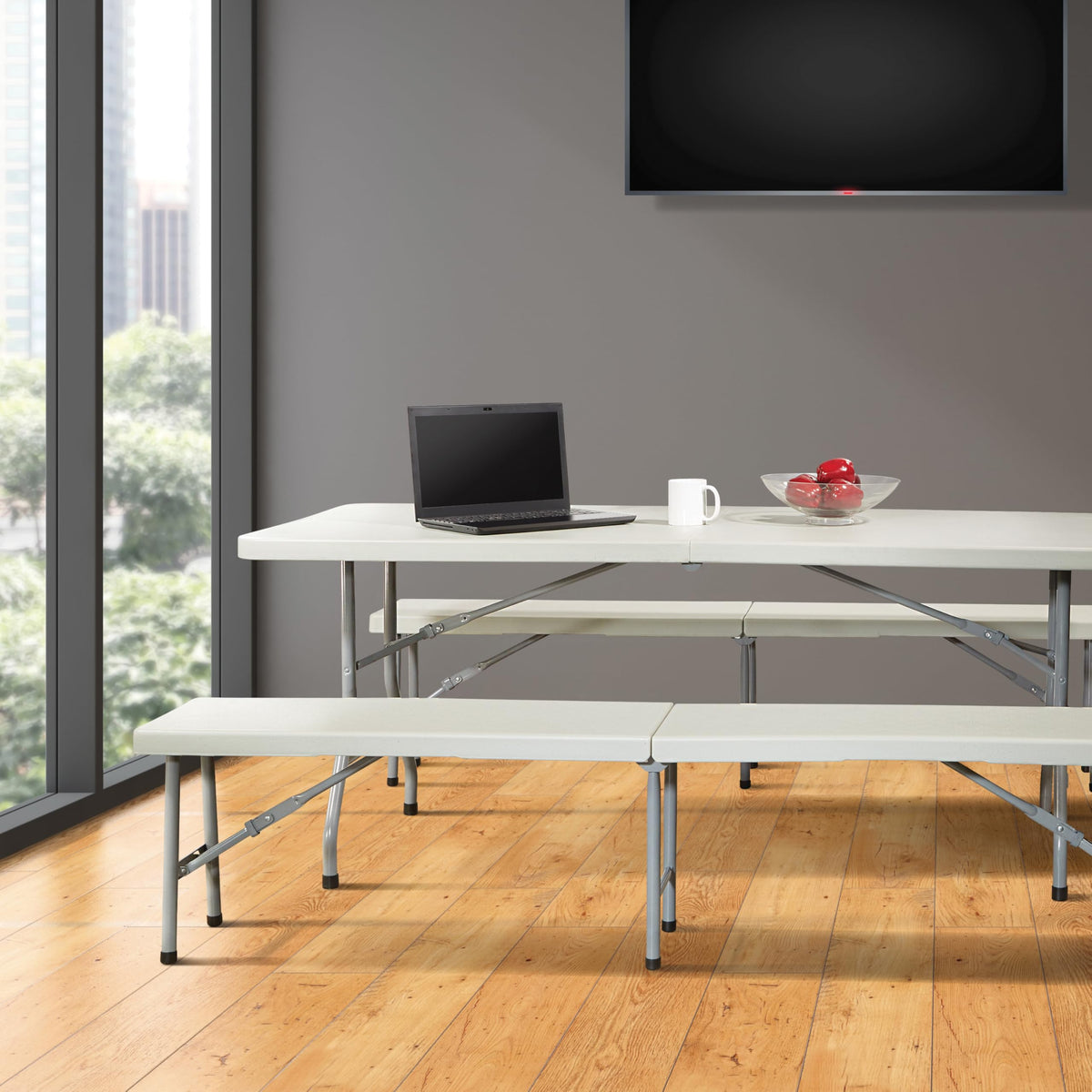 Office Star Resin 5-Piece Folding Square Table and Chair Set, Light Grey