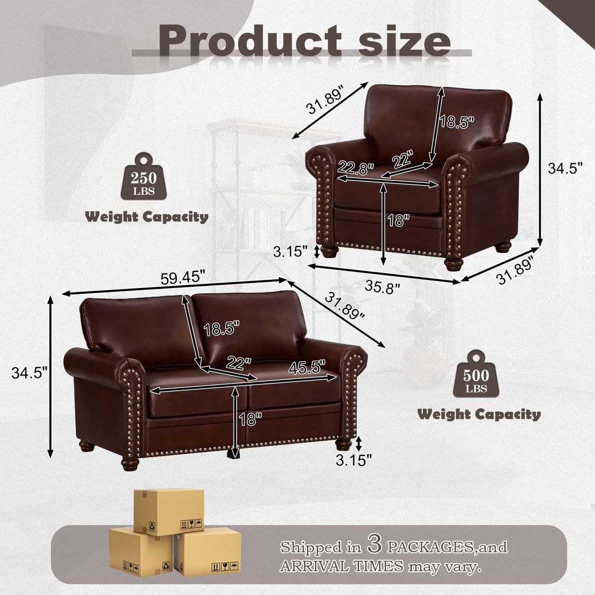 2 Piece Faux Leather Sofa Set,Modern Couch and Loveseat Sets with Storage,Mid Century Couch with Rivet Rolled Arm,Comfy Deep Seat Sofa,Furniture for Living Room,Office(Loveseat+3 Seater,Navy)