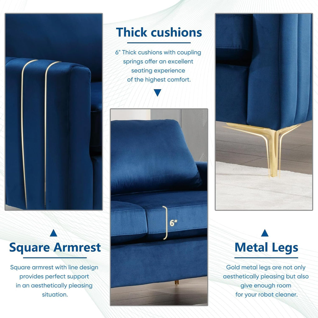 2 Piece Sofa and Loveseat Set, Comfy Tufted Velvet Couch and Loveseat Sets Furniture with Gold Leg, Mid Century Modern Couch Soft Upholstered Sofa Set of 2 for Living Room Bedroom Office (Navy Blue)