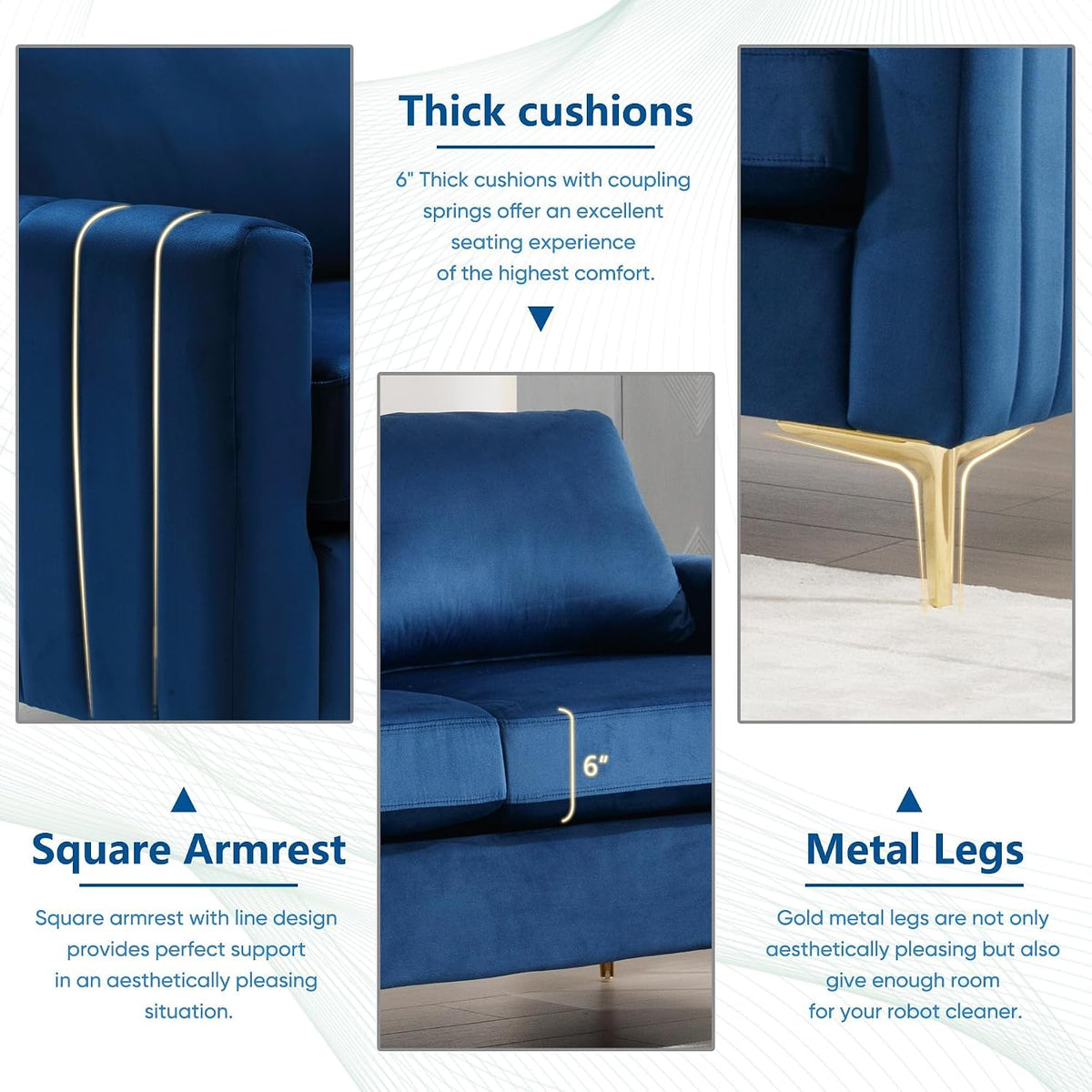 2 Piece Sofa and Loveseat Set, Comfy Tufted Velvet Couch and Loveseat Sets Furniture with Gold Leg, Mid Century Modern Couch Soft Upholstered Sofa Set of 2 for Living Room Bedroom Office (Navy Blue)