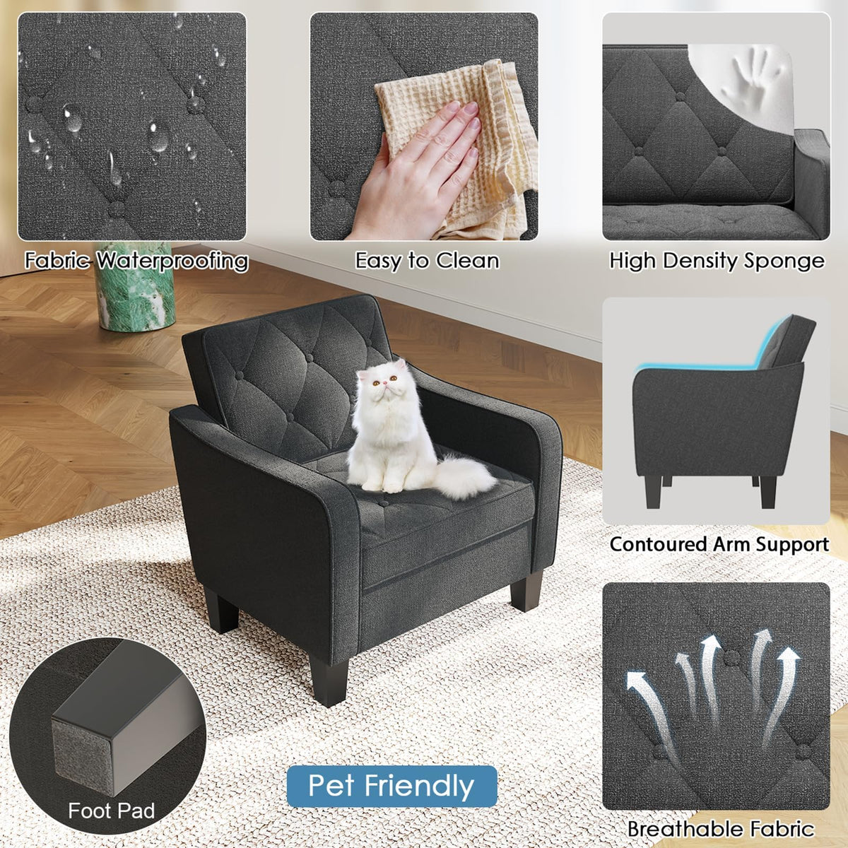 Grey Accent Chairs Set of 2, Wide Comfy Arm Chairs for Living Room, Office