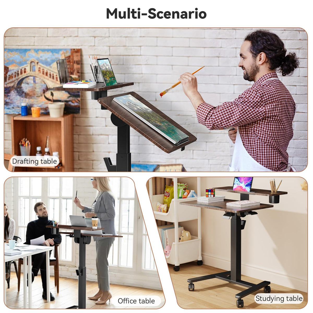28" Mobile Standing Desk, Tiltable Top with 2-Tier Shelves, White