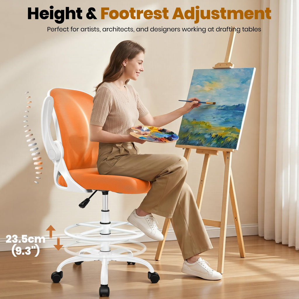 Drafting Chair Tall Office Chair with Flip-up Armrests, Adjustable Height, and Enhanced Lumbar Support - Ergonomic Rolling Stool, Back Support, and Adjustable Foot Rest Ring for Standing Desk White