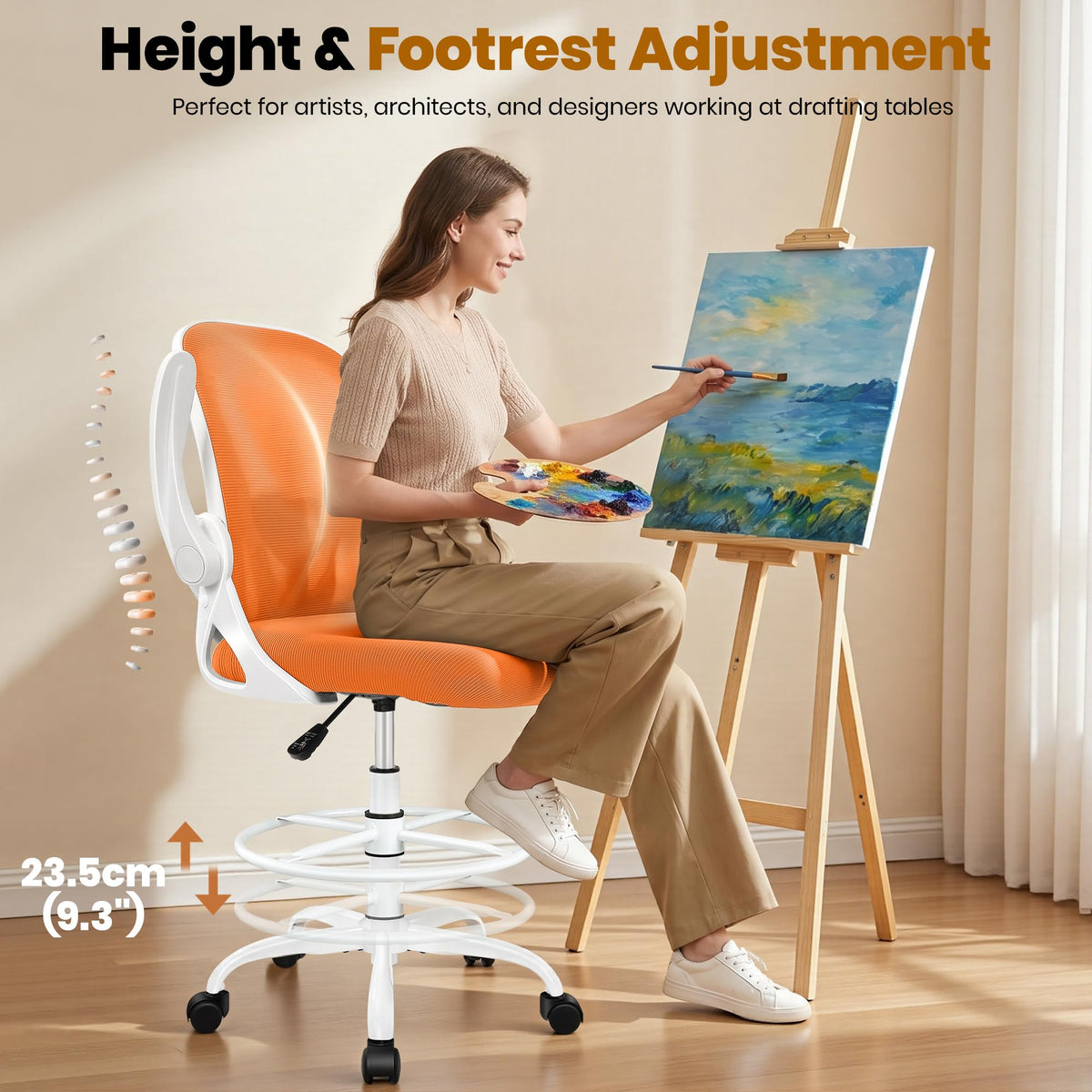 Drafting Chair Tall Office Chair with Flip-up Armrests, Adjustable Height, and Enhanced Lumbar Support - Ergonomic Rolling Stool, Back Support, and Adjustable Foot Rest Ring for Standing Desk White