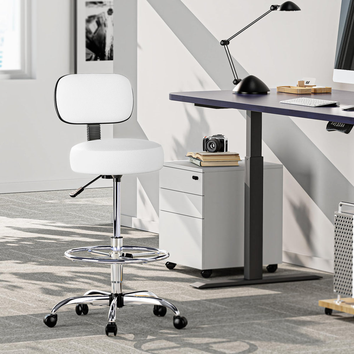 SUPERJARE Drafting Chair with Backrest, Adjustable Foot Rest Rolling Stool