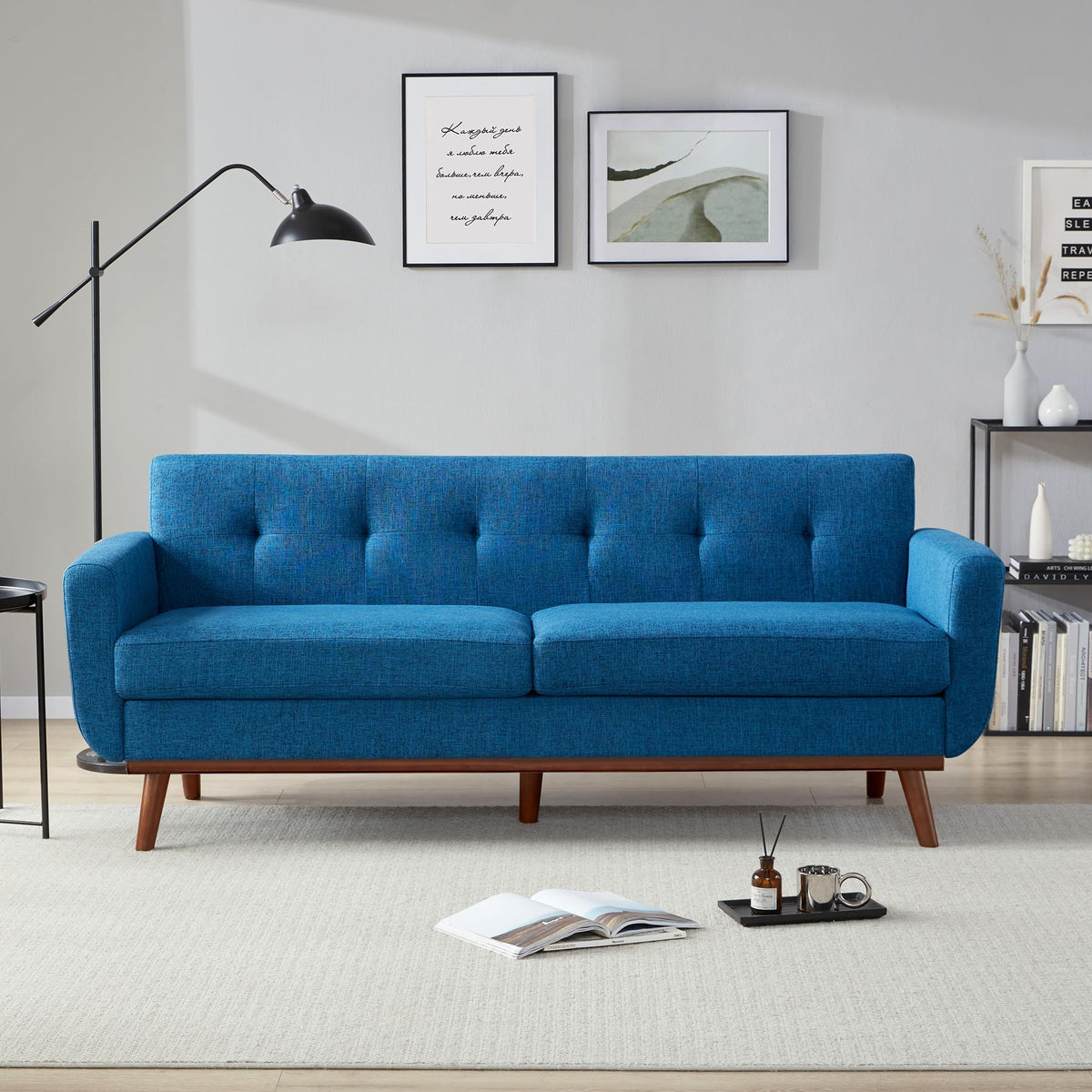 Kingfun 2 Piece Loveseat and Sofa Sets, Mid Century Modern Love Seat Couches for Living Room, Button Tufted Upholstered Furniture, Small Couch for Bedroom, Office, Beige