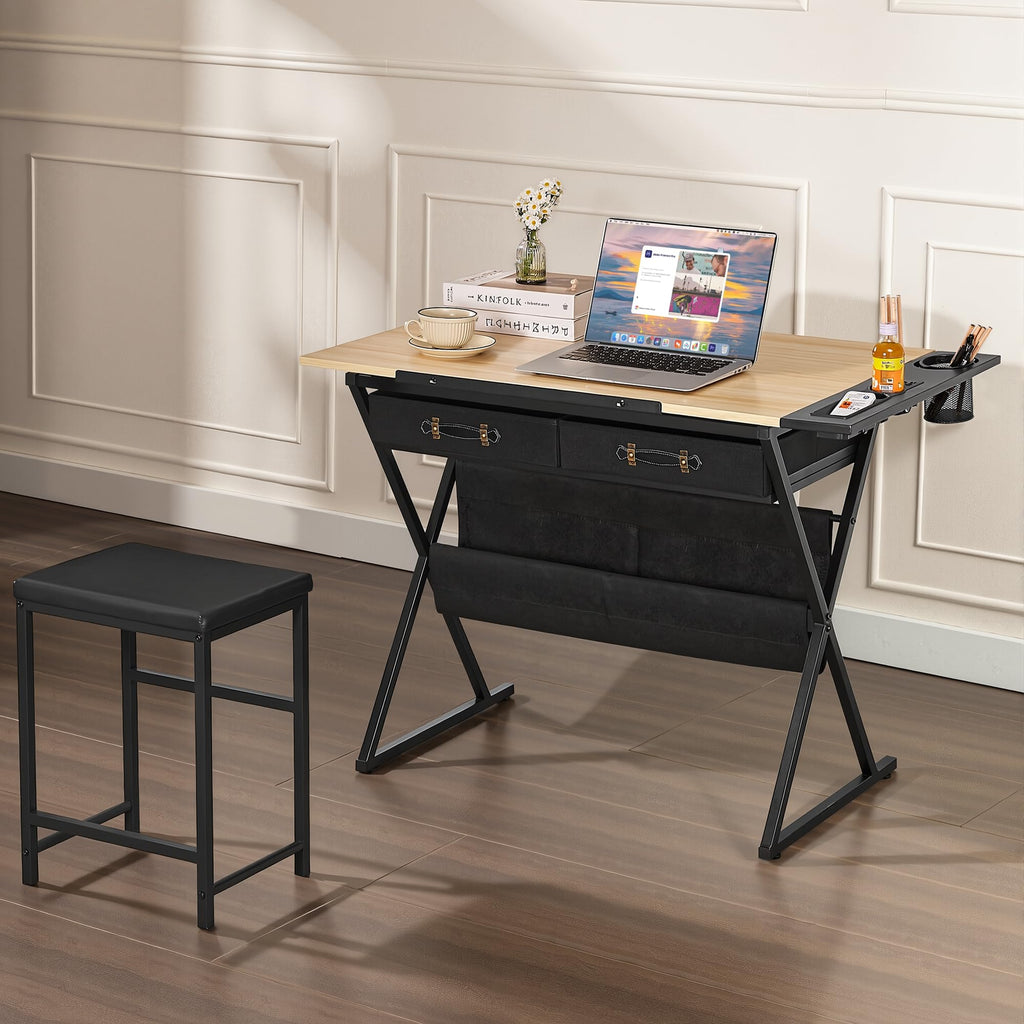 VECELO Drafting Table Art Desk Art Table Adjustable Drawing Table Tilted Tabletop with 2 Storage Drawers and Stool, Drawing Desk for Artist Painters Drawing, Crafting, Reading, Writing, White