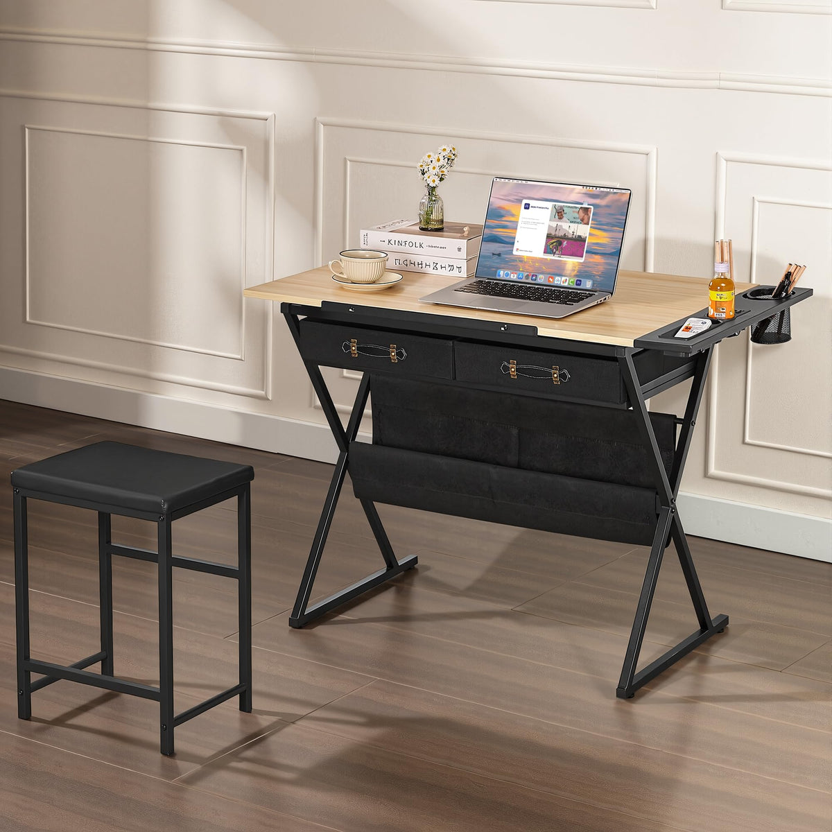 VECELO Drafting Table Art Desk Art Table Adjustable Drawing Table Tilted Tabletop with 2 Storage Drawers and Stool, Drawing Desk for Artist Painters Drawing, Crafting, Reading, Writing, White