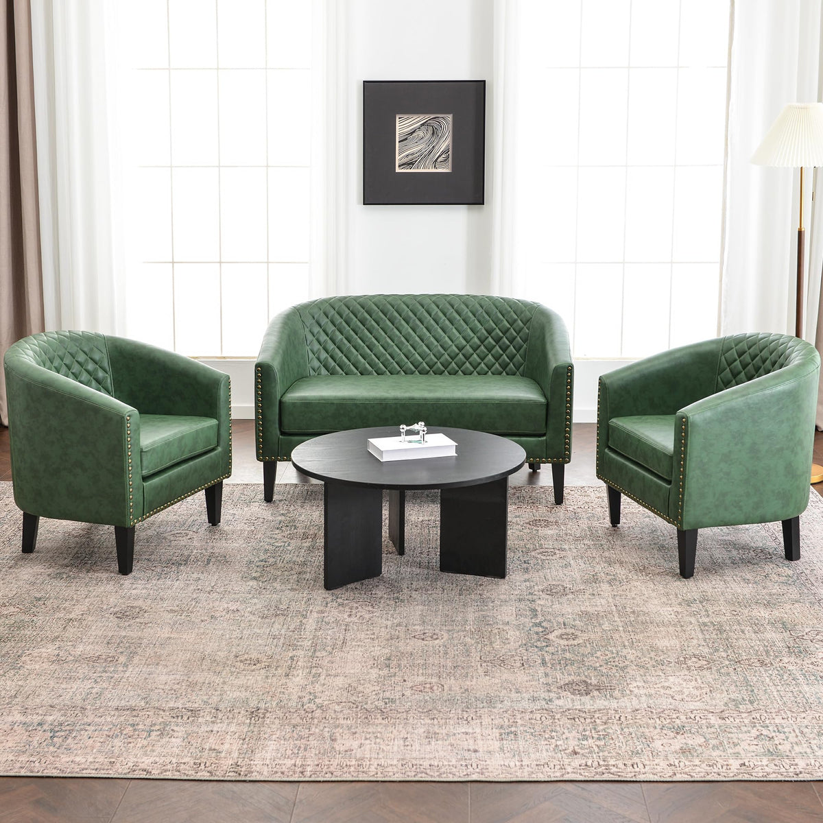 KINWELL 29" W Faux Leather Tufted PU Barrel Club Chairs Set of 2, Black