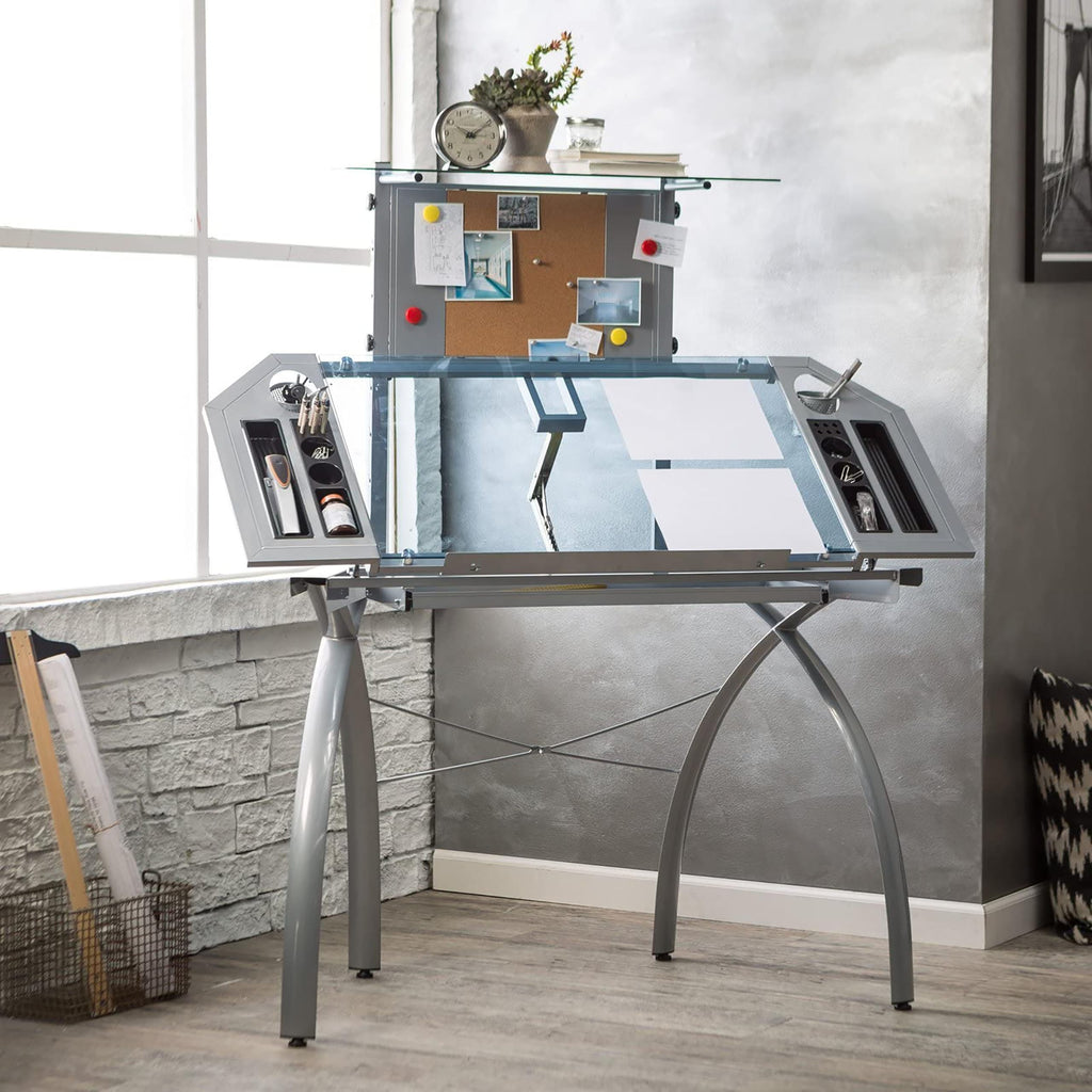 SD STUDIO DESIGNS Futura LS WorkCenter with Tilt Top Adjustable Drafting Table Craft Table Drawing Desk Hobby Table Writing Desk Studio Desk, Silver / Blue Glass