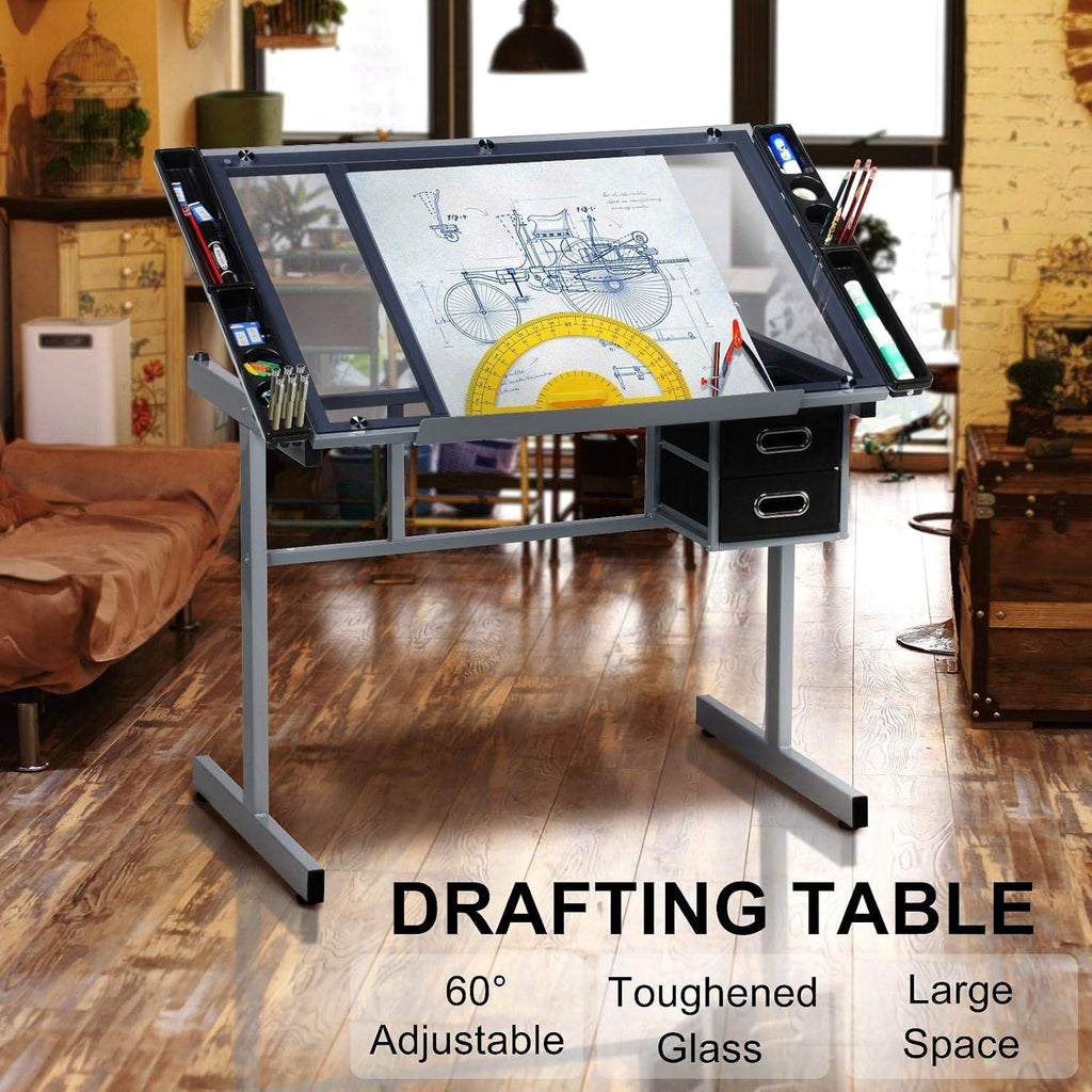 Topeakmart Glass Drafting Table Rolling Drawing Desk w/2 Slide Drawers