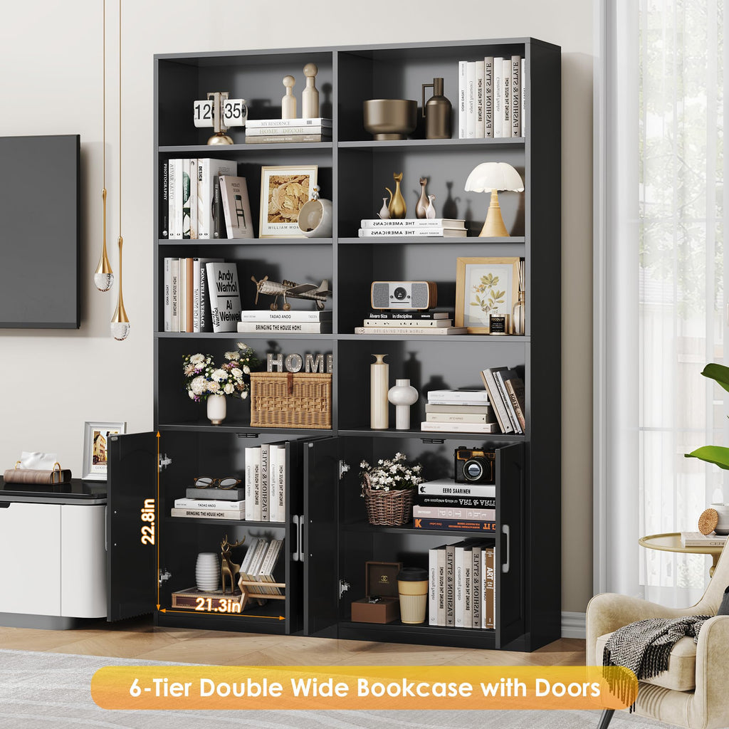 FACBOTALL Bookshelf and Bookcase with Doors, Double Wide Large Bookshelves