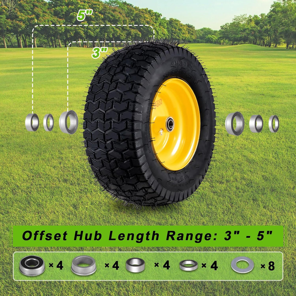 16x6.5-8 Tubeless Tire and Wheel, 2 Pcs Replacement Riding Lawn Mower Garden Tractor Front Wheel Tire with 3" Offset Hub, 3/4" Bearing & 5/8âBearing