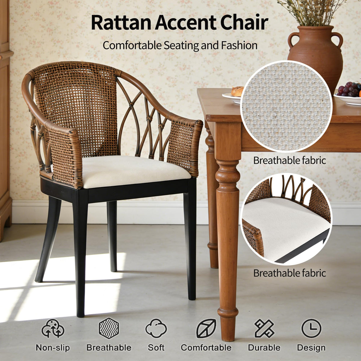 DUHOME 2 Sets Wood Rattan Arm Accent Chairs Natural Wash/White Cushion