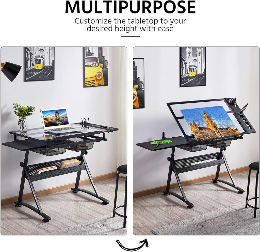GarveeHome Drafting Table w/Stool, Height Adjustable Multifunctional Art Craft Artists Desk Tilting Glass Tabletop Diamond Paintings Work Station w/2 Storage Drawers for Home Office (Black-1)