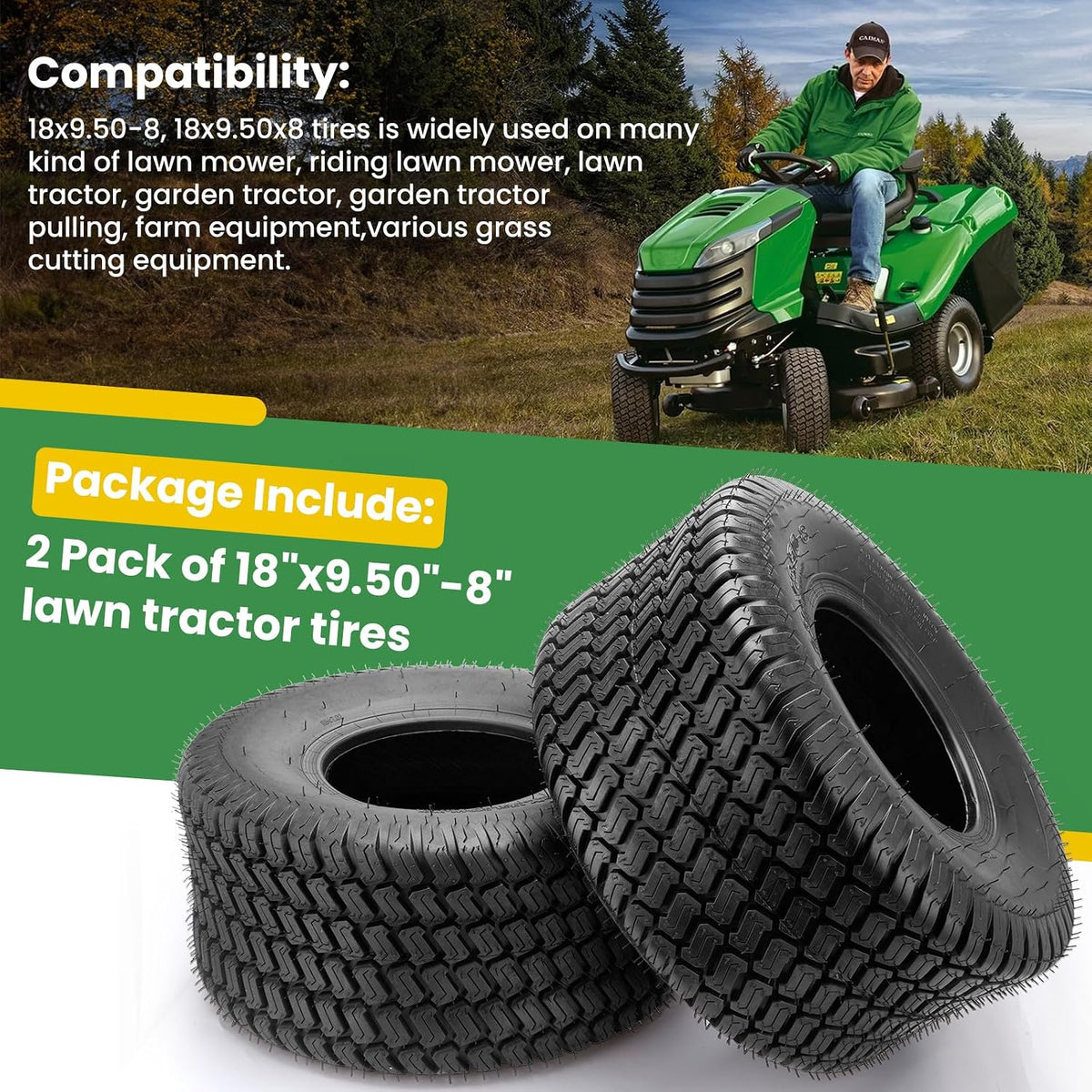 18x8.50-8 Lawn Mower Tire,18x8.50x8 Lawn Mower Tires Set of 2, 4-Ply Tubeless Turf Tires for Zero Turn Mower/Golf Cart/Tractor, Heavy Duty 18x8.5-8 Tires with P332 Tread, Max Load 815LBS