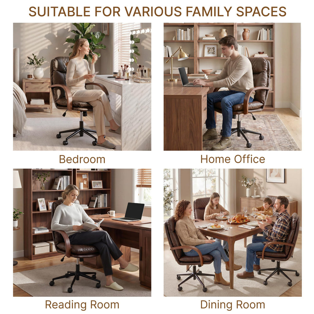KISLOT Home Office Desk Chair, Ergonomic Office Chair with Lumbar Support, Adjustable Swivel Computer Chair with Wheels, Faux Leather Executive Task Chair with Wood Arms, Set of 2, Brown