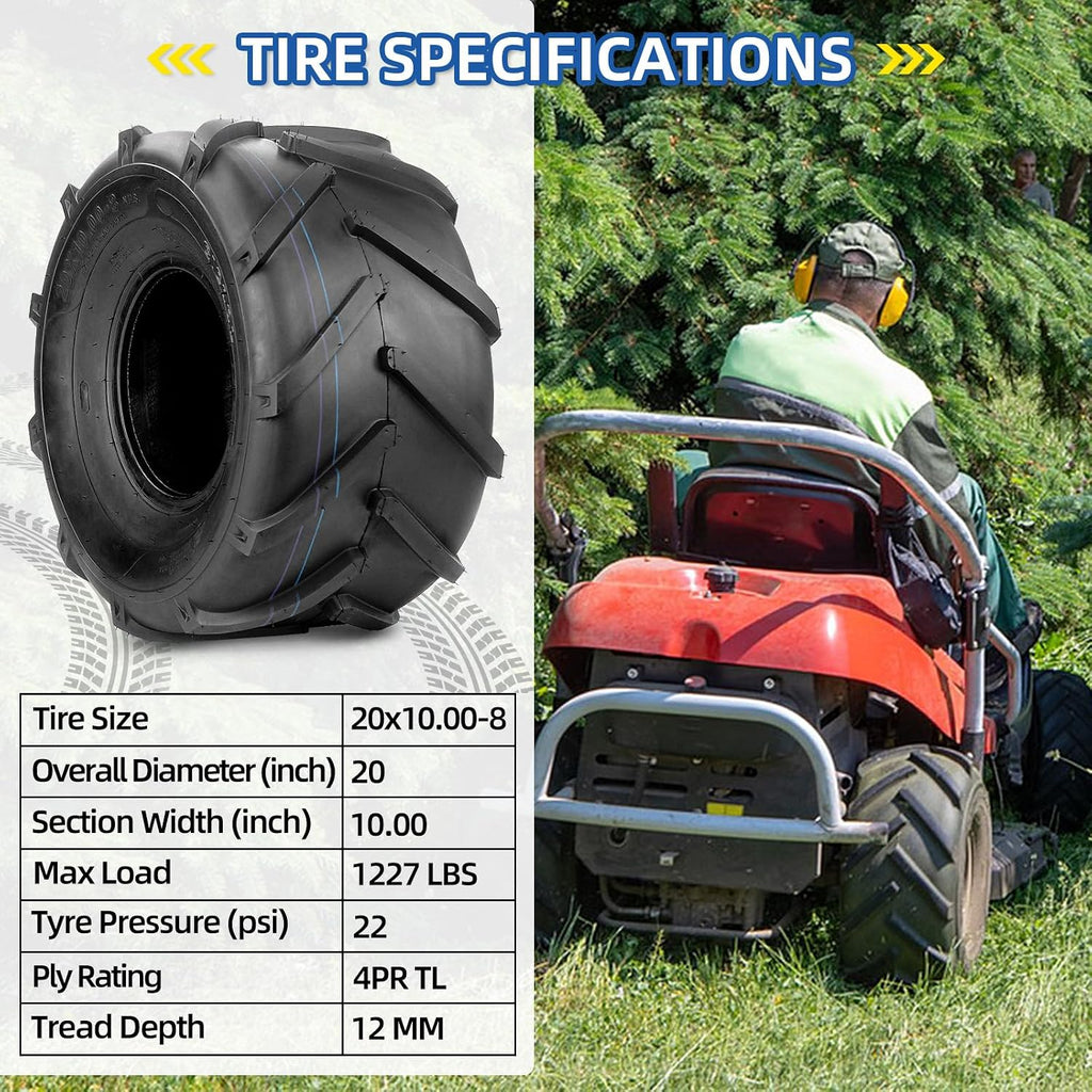 GICOOL 20x10.00-8 Ag Lug High-Traction Lawn Mower Tubeless Tire, 4 Ply