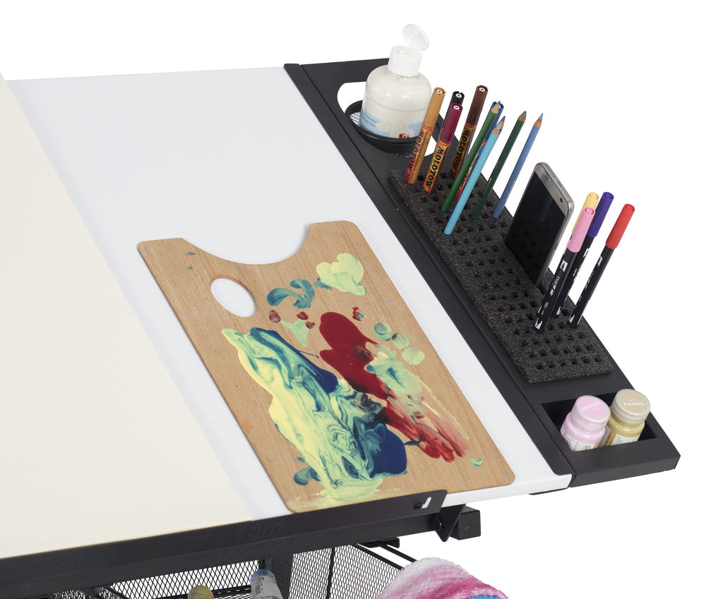 Studio Designs Fusion Drafting Table with Integrated LED Light Pad, Height & Angle Adjustable Tempered Glass Light Table, Artograph Light Pad, Storage Drawers & Side Shelf
