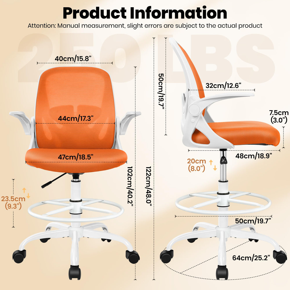 Drafting Chair Tall Office Chair with Flip-up Armrests, Adjustable Height, and Enhanced Lumbar Support - Ergonomic Rolling Stool, Back Support, and Adjustable Foot Rest Ring for Standing Desk White