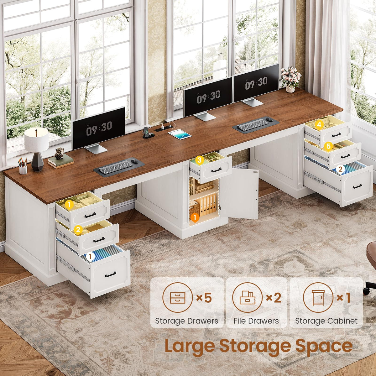SEDETA Farmhouse 70.9" Executive Desk, Home Office Desk with File Drawers and Storage Cabinet, Computer Desk with Power Outlet for Home Office, Work Study Writing, Black+Brown