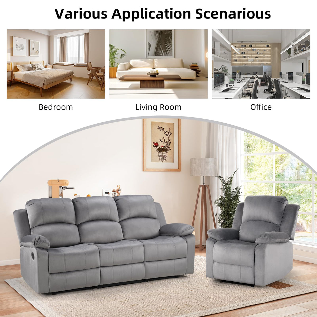 EBELLO Manual Faux Leather Reclining Couch Set for Living Room, Include 1 Recliner Chair, 1 Loveseat Sofa, Recliner Sofa Furniture Set for Home and Office, Black