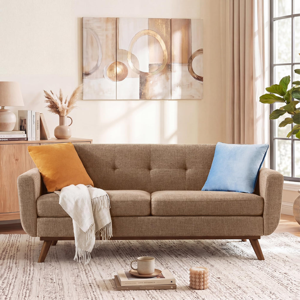 Kingfun 2 Piece Loveseat and Sofa Sets, Mid Century Modern Love Seat Couches for Living Room, Button Tufted Upholstered Furniture, Small Couch for Bedroom, Office, Beige