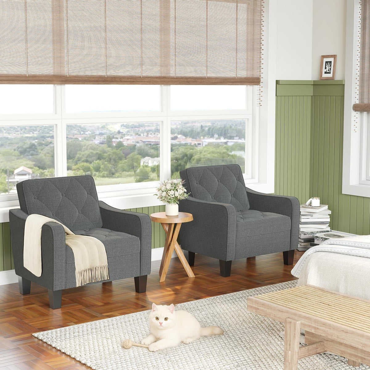 Grey Accent Chairs Set of 2, Wide Comfy Arm Chairs for Living Room, Office