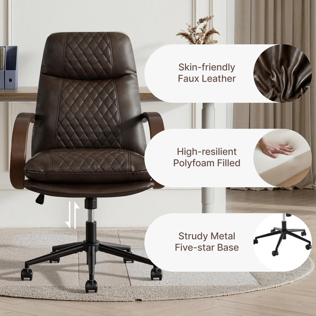 KISLOT Home Office Desk Chair, Ergonomic Office Chair with Lumbar Support, Adjustable Swivel Computer Chair with Wheels, Faux Leather Executive Task Chair with Wood Arms, Set of 2, Brown