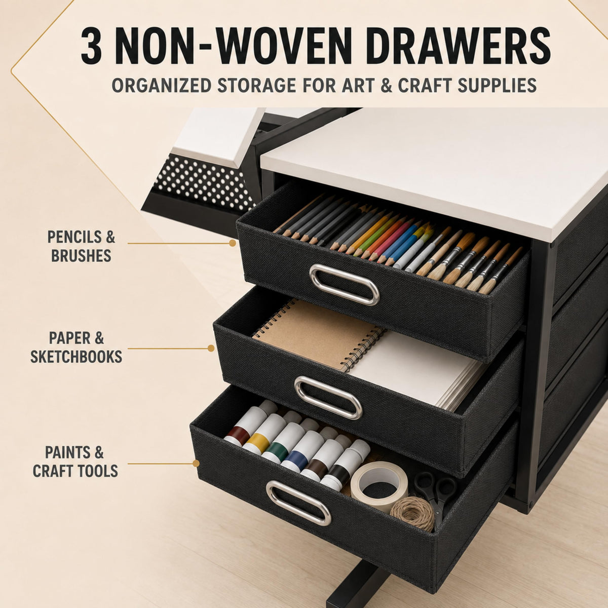 Adjustable Drawing Table with 3 Drawers and Stool, Black