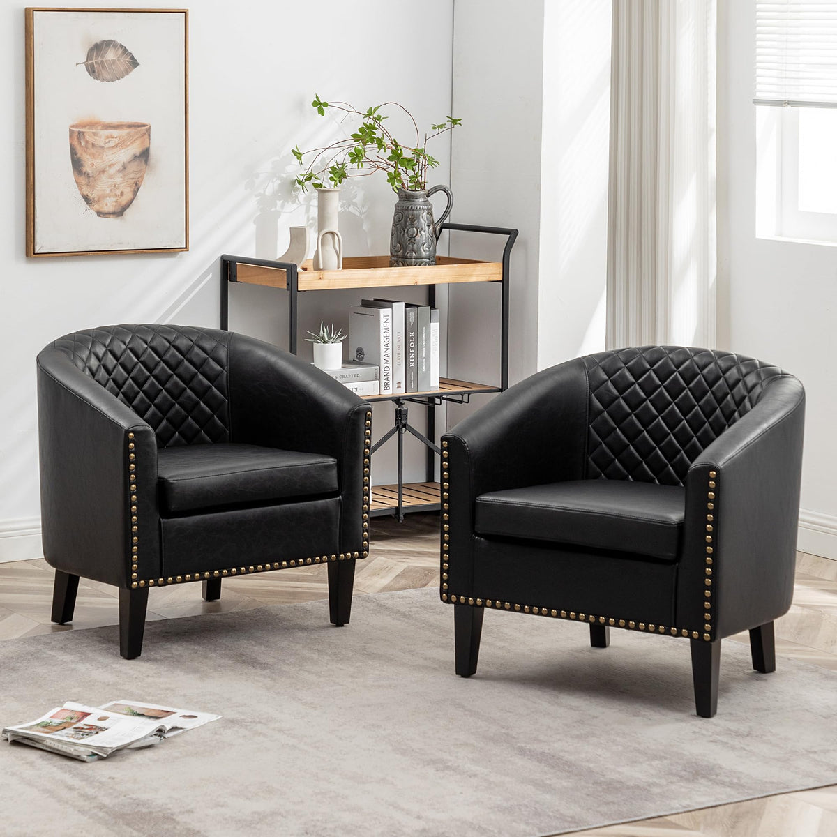KINWELL 29" W Faux Leather Tufted PU Barrel Club Chairs Set of 2, Black