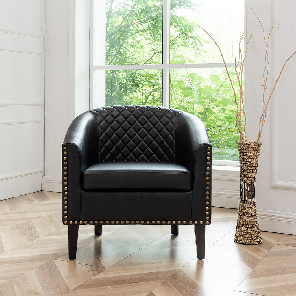 KINWELL 29" W Faux Leather Tufted PU Barrel Club Chairs Set of 2, Black