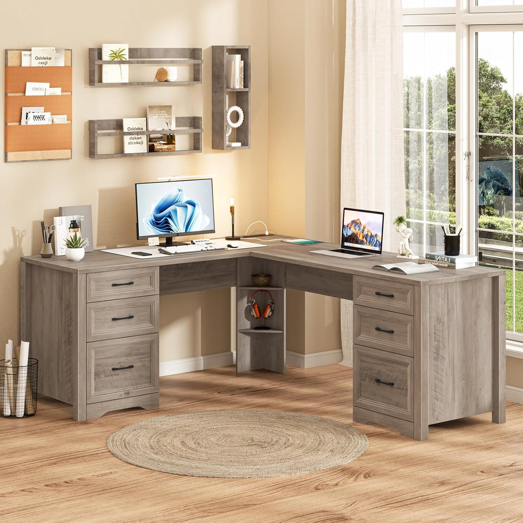Halitaa Farmhouse Home Office Desk with 6 Drawers, L Shaped Executive Desk with Power Outlets and Triangle Under-Desk Storage Shelf & Drawer File Cabinet, Corner Computer Desk, Grey