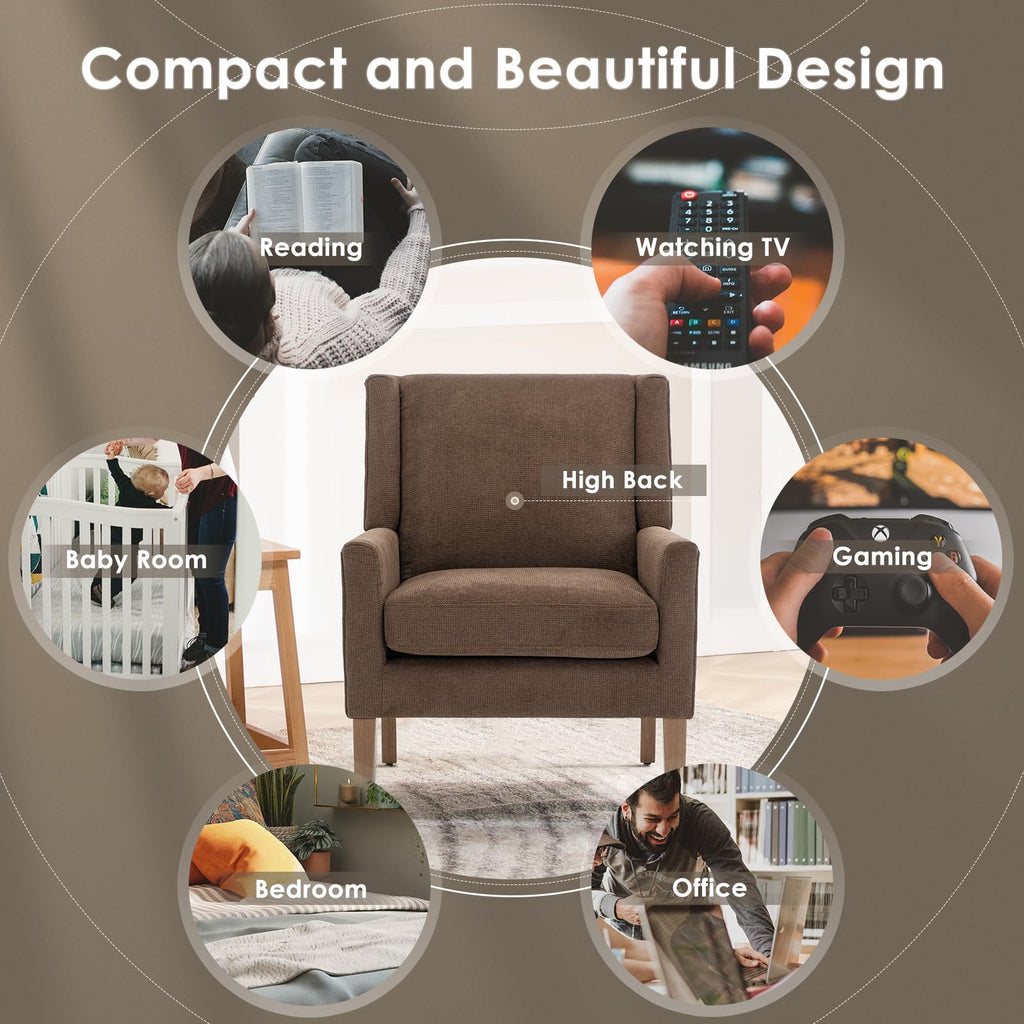 COLAMY Modern Wingback Living Room Chair, Upholstered Fabric Accent Armchair, Single Sofa Chair with Lounge Seat and Wood Legs for Office/Bedroom/Reading Spaces, Beige