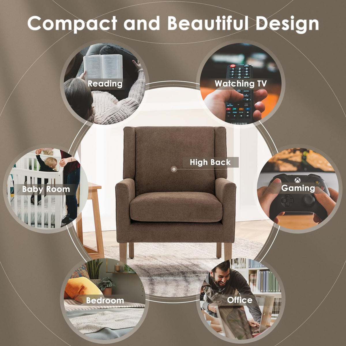 COLAMY Modern Wingback Living Room Chair, Upholstered Fabric Accent Armchair, Single Sofa Chair with Lounge Seat and Wood Legs for Office/Bedroom/Reading Spaces, Beige