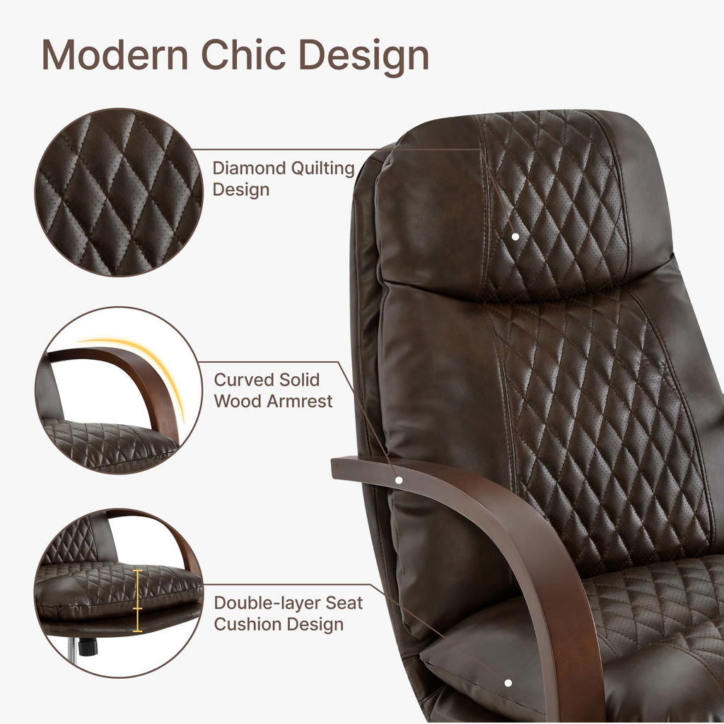 KISLOT Home Office Desk Chair, Ergonomic Office Chair with Lumbar Support, Adjustable Swivel Computer Chair with Wheels, Faux Leather Executive Task Chair with Wood Arms, Set of 2, Brown