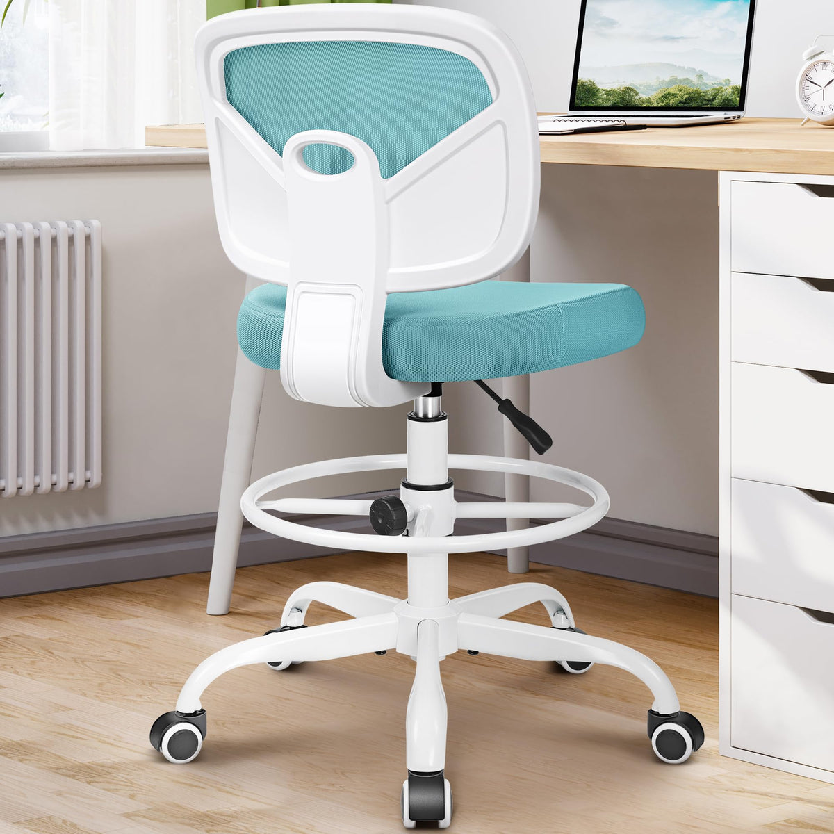 Primy Tall Drafting Desk Chair - Armless, Adjustable Height, Mesh Back, Rolling, Standing Desk Chair for Art Room, Office or Home (Black)